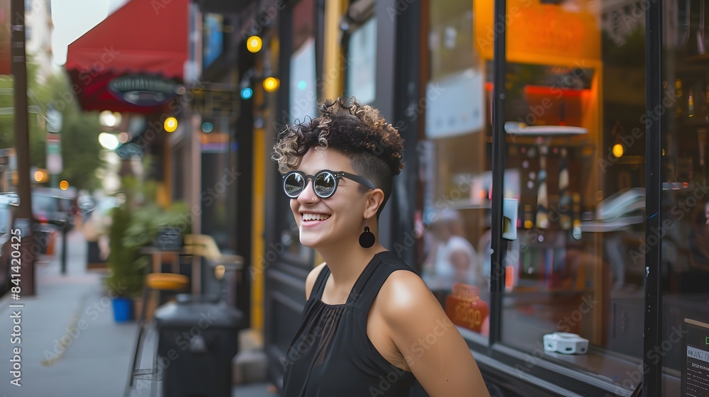 Chic young woman with trendy haircut and sunglasses smiling in a vibrant urban setting. Chic young woman with trendy haircut and sunglasses smiling in a vibrant urban setting.