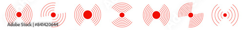Red radial, radar icon set. Circle connection, sonar sound waves icon set	