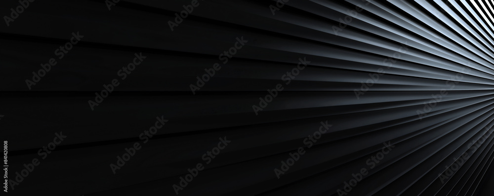 Black and white 3D abstract background rendering with lines of light. Black geometric shapes in the form of rays or strips on dark grey background. Black and white 3D abstract background rendering with lines of light. Black geometric shapes in the form of rays or strips on dark grey background.