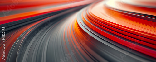 Abstract high speed background motion blur with red and black curved lines  smooth curves  blurred foreground  dark gray gradient background  light silver and orange colors