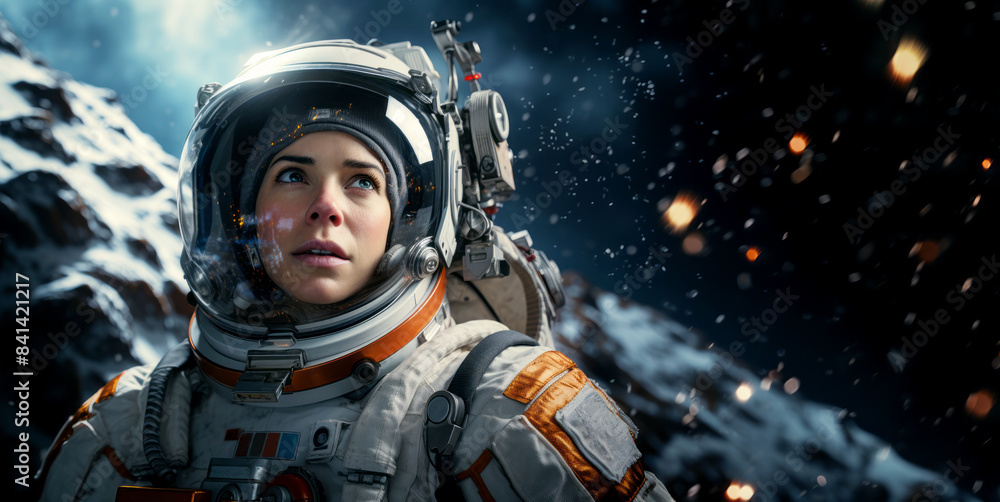 A female astronaut in space with a detailed spacesuit, set against a cosmic background with floating debris, illustrating a concept of space exploration. Generative AI A female astronaut in space with a detailed spacesuit, set against a cosmic background with floating debris, illustrating a concept of space exploration. Generative AI