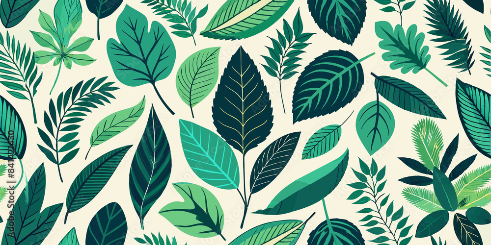 A pattern of various green leaves on a light background. The detailed botanical illustrations create a harmonious and fresh design, perfect for textiles or wallpapers A pattern of various green leaves on a light background. The detailed botanical illustrations create a harmonious and fresh design, perfect for textiles or wallpapers