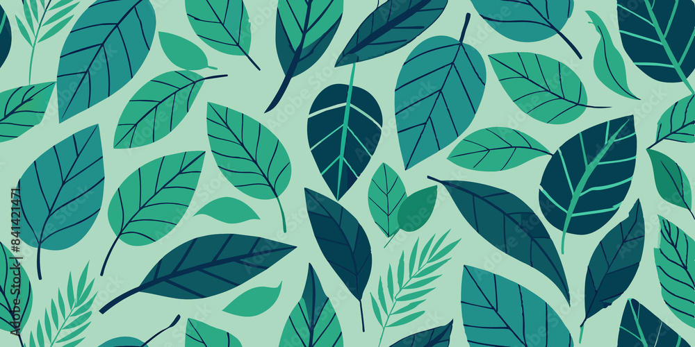 A pattern of various green leaves on a light background. The detailed botanical illustrations create a harmonious and fresh design, perfect for textiles or wallpapers A pattern of various green leaves on a light background. The detailed botanical illustrations create a harmonious and fresh design, perfect for textiles or wallpapers