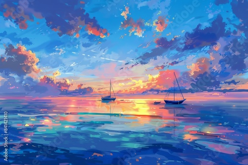 At dawn, a magnificent Mediterranean seascape with turquoise skies, pink clouds, and silvery surface waters.