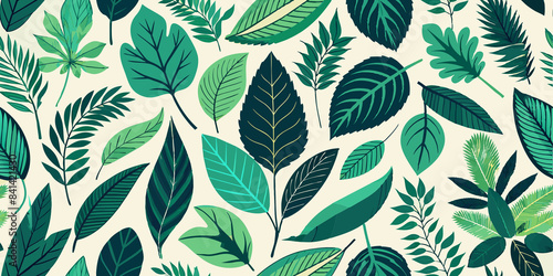 A pattern of various green leaves on a light background. The detailed botanical illustrations create a harmonious and fresh design, perfect for textiles or wallpapers