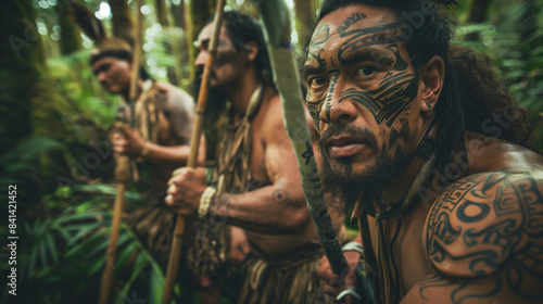 Members of the Maori Tribe are hunting in the dense forest, wearing traditional clothing with typical Maori facial tattoos and traditional weapons such as spears and taiaha, Ai Generated Images photo