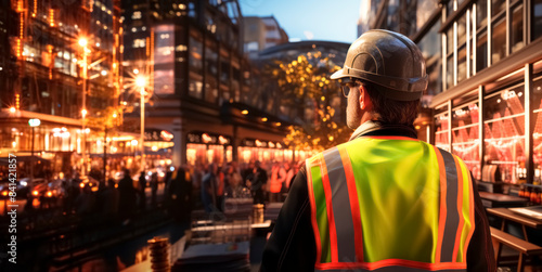 A construction worker overlooking a bustling urban street at dusk, concept of urban development. Generative AI