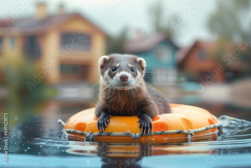 Ferret sits on life preserver in water, houses in water photo