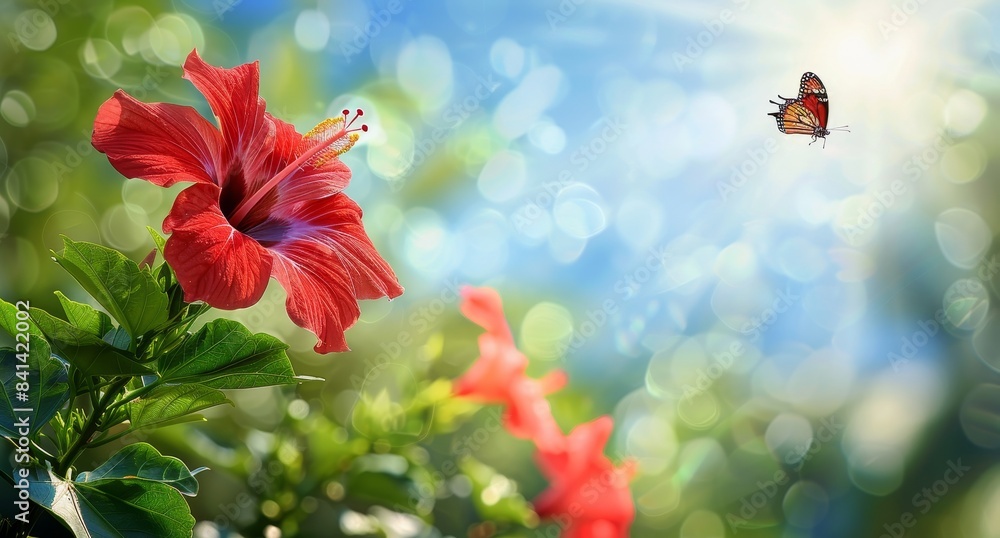 The bright blue skies and light clouds of a bright, beautiful summer scene with a urticaria butterfly on a red hibiscus flower feature in this wide format view of nature. The bright blue skies and light clouds of a bright, beautiful summer scene with a urticaria butterfly on a red hibiscus flower feature in this wide format view of nature.