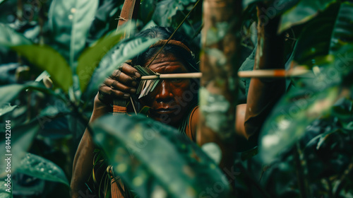 A member of the Yanomami Tribe is hunting in the Amazon rainforest, wearing traditional clothing and carrying a bow and arrow, with tall trees in the background. photo