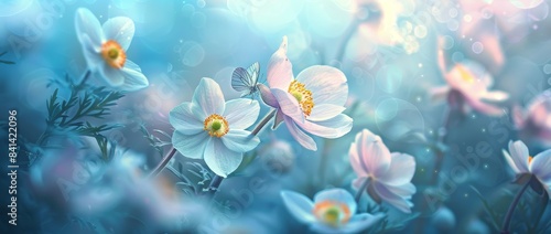 White anemone flower with yellow stamens and butterfly in nature macro on blue sky background with beautiful bokeh. Delicate artistic picture of nature's beauty.