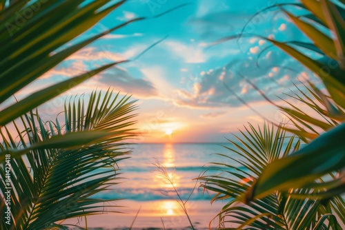 Beautiful tropical landscape on a summer night with the sun setting through green tropical palm leaves on sunset, turning the sky and sea water pink. Background and foreground are blurred.