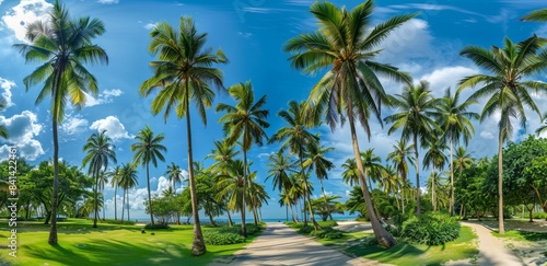 During a summer sunny day, a tropical park with tall palm trees is surrounded by a bright blue sky.