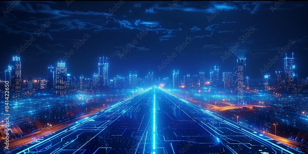 Blue glowing line drawing of the Cities and streets at night, technology and digital elements in a dark blue background. transparent technology sense. Generative AI.