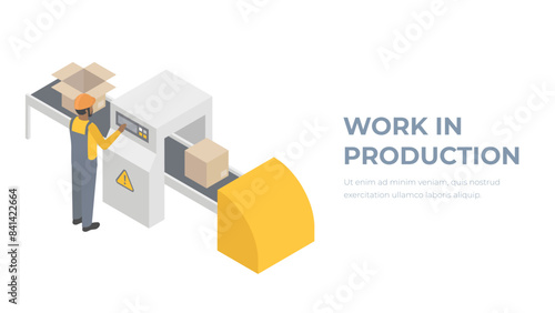 Isometric conveyor employee. Concept of a delivery service. Conveyor belt worker.