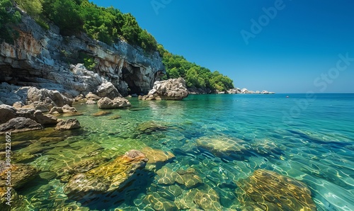 This is a beautiful picture of the Mediterranean coast away from resort beaches, with big blocks of stone, rocks, green cedars and turquoise-green clear water of the sea.