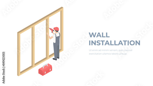 Isometric repair worker. Home improvement. Repair consept. Concept of a construction worker. 