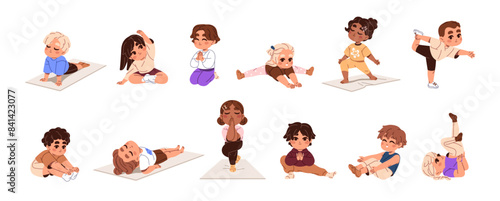 Cute children do physical exercises set. Happy kids stretching, practice yoga poses, asanas. Different little boys and girls training, do sport. Flat isolated vector illustrations on white background