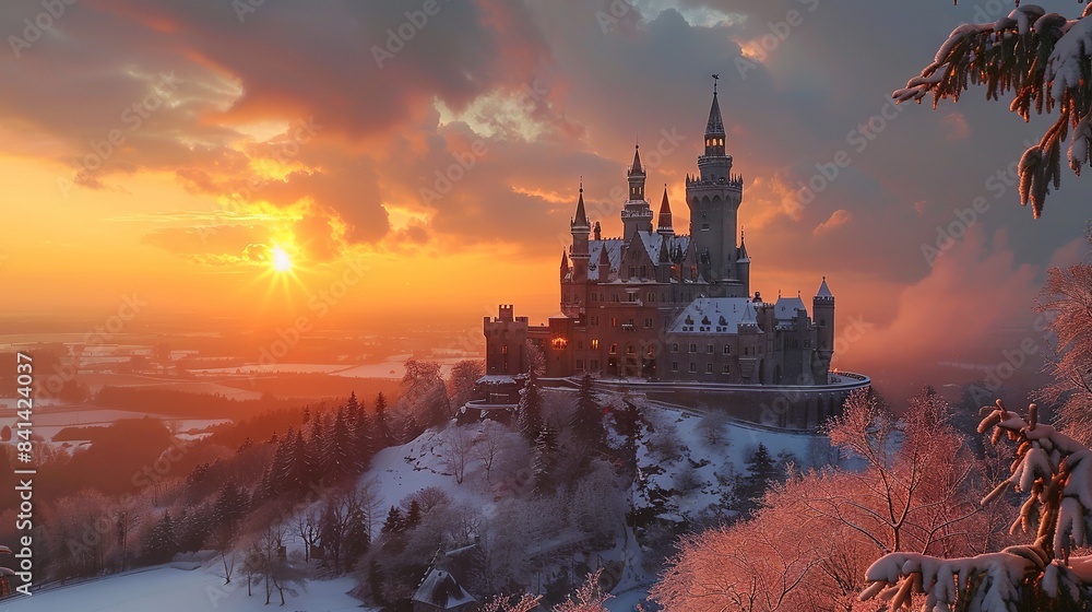 Naklejka premium view of a castle at dawn