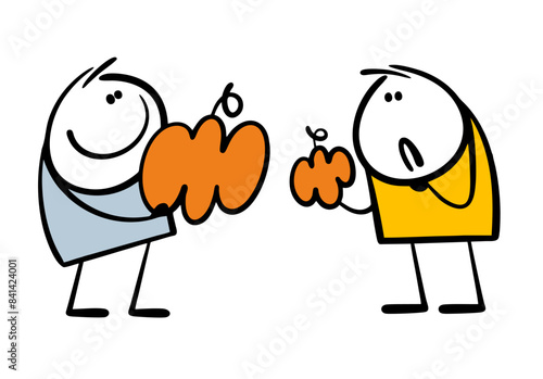 Two doodle gardeners demonstrate the harvest, show off pumpkins, and prepare for the autumn holiday. Vector illustration of the Halloween tradition. Isolated cartoon characters on white background.