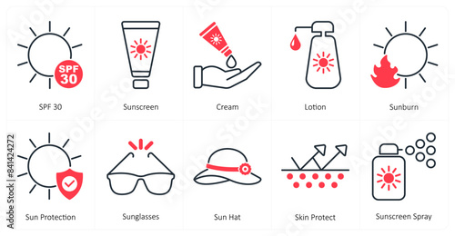 A set of 10 mix icons as spf 30, sunscreen, cream
