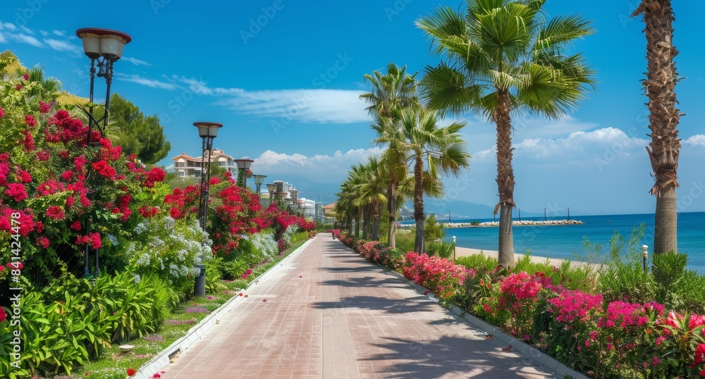 The blue sky is set against a Mediterranean resort promenade with blooming palms and colorful oleanders. The blue sky is set against a Mediterranean resort promenade with blooming palms and colorful oleanders.