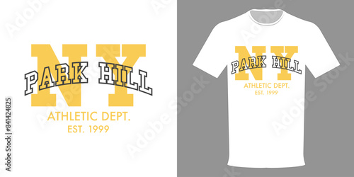  Vector illustration of T-shirt PARK HILL NEW YORK. Vintage varsity print. Typographic print Student fraternity. Yellow logo isolated on white background