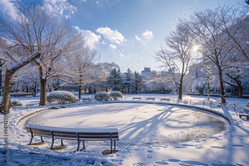 A beautiful natral landscape of frosted trees, benches, and an ice pond in a snowy morning city park. photo