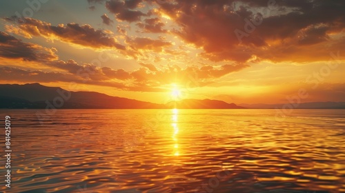 The sun is descending above a body of water