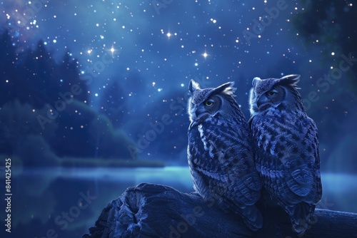 A pair of owls perched together by a tranquil body of water under a star-studded night sky