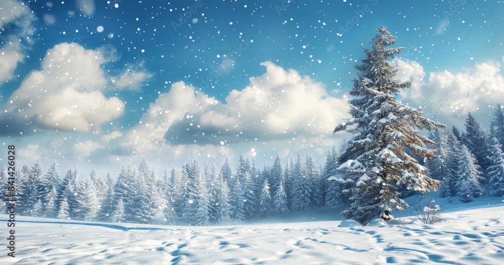 Fototapeta premium An elegant perspective of a winter forest with frozen trees, snow-covered firs, snowdrifts, and light snowfall, under a cold blue sky.