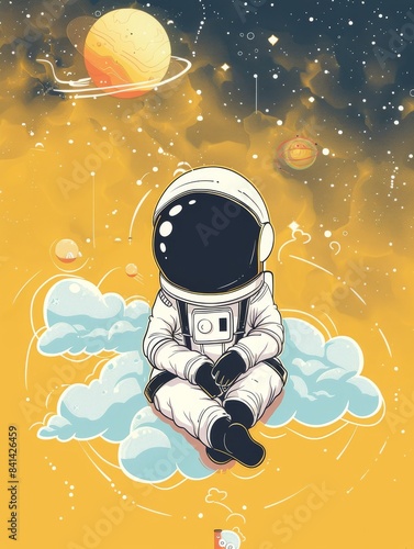 Illustration. Astronaut on a colorful yellow background. The concept of extraterrestrial travel Private astronaut commercial flight missions photo