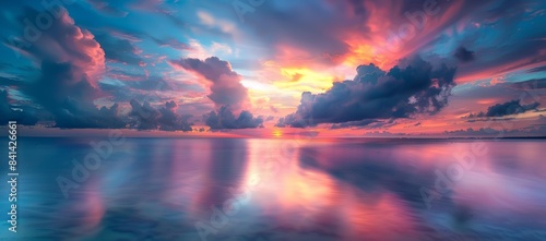 An atmospheric widescreen natural seascape with purple tones and textured sky.