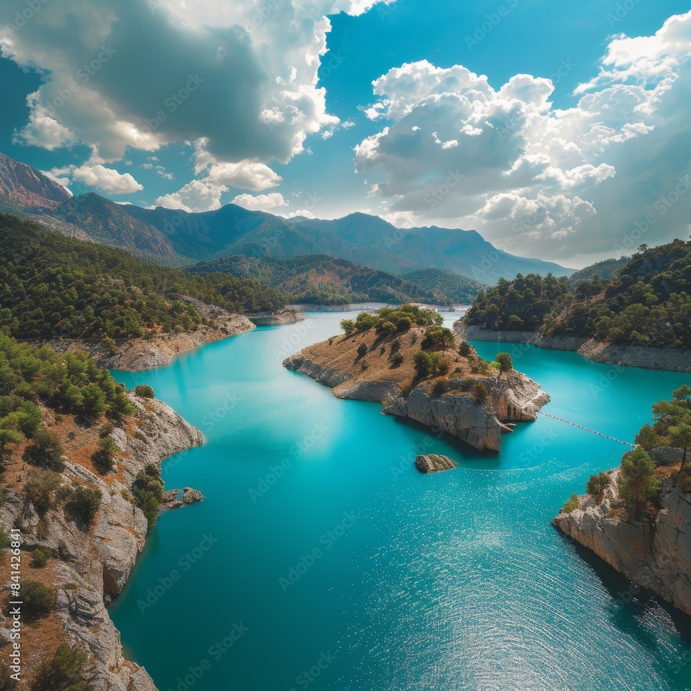 Obraz premium A beautiful scene of mountainous nature with bright summer sunshine, blue skies, high mountains, green hills, yellow rocks, and turquoise ponds.