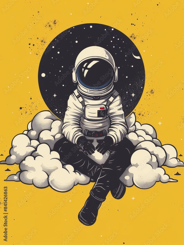 Illustration. Astronaut on a colorful yellow background. The concept of extraterrestrial travel Private astronaut commercial flight missions Illustration. Astronaut on a colorful yellow background. The concept of extraterrestrial travel Private astronaut commercial flight missions