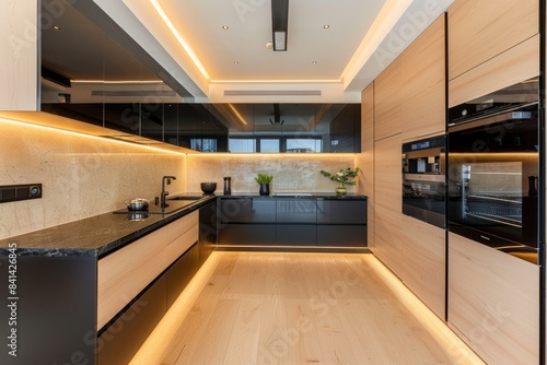 Sleek minimalist kitchen with black countertops, wood accents, and modern appliances in contemporary setting. © AminaDesign