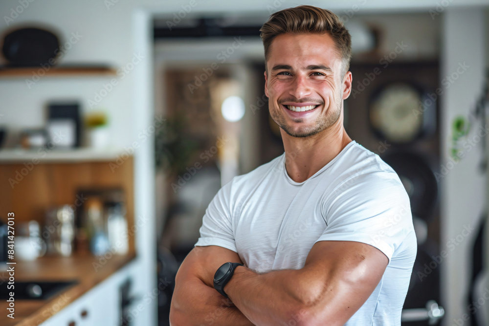Naklejka premium a man standing in a kitchen with his arms crossed