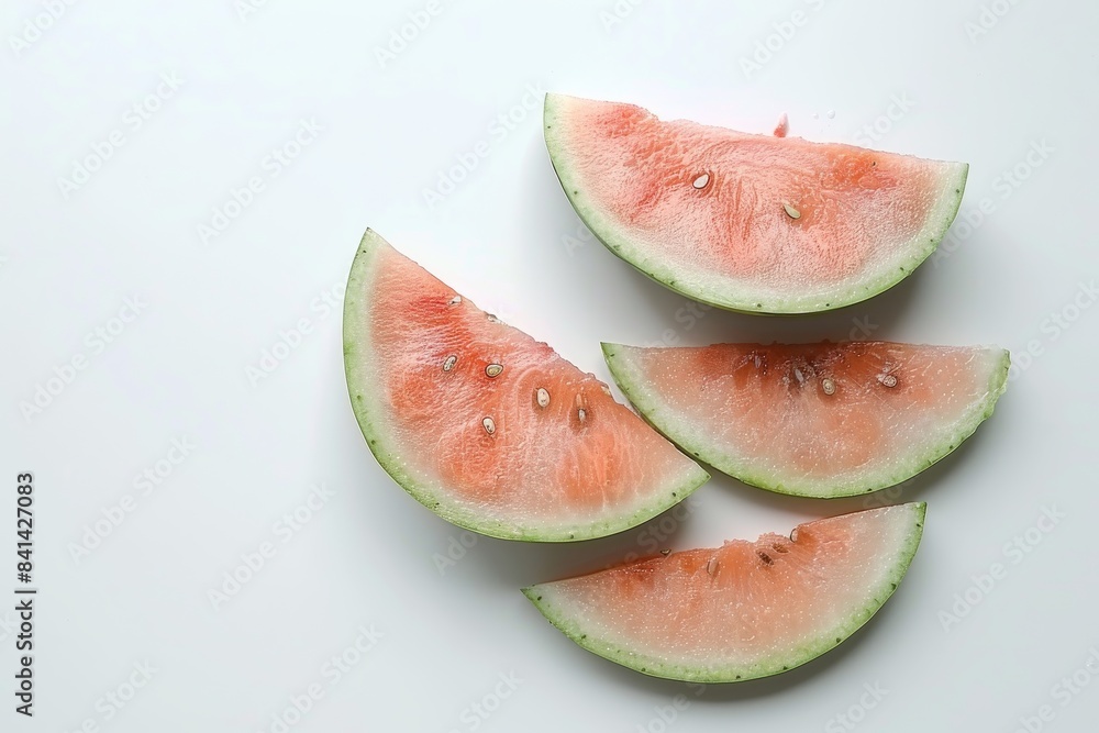 Slices of juicy watermelon arranged on a white background, highlighting the fresh, sweet, and refreshing quality perfect for a summer snack Slices of juicy watermelon arranged on a white background, highlighting the fresh, sweet, and refreshing quality perfect for a summer snack