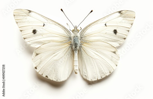 This beautiful white butterfly is from the Pieridae family of whiteflies. It is pieris rapae and it is isolated on a white background. photo