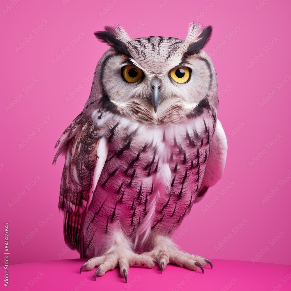 Obraz premium A regal owl with striking yellow eyes stands on a bright pink surface. Its feathers are a blend of grey and white, creating a captivating contrast