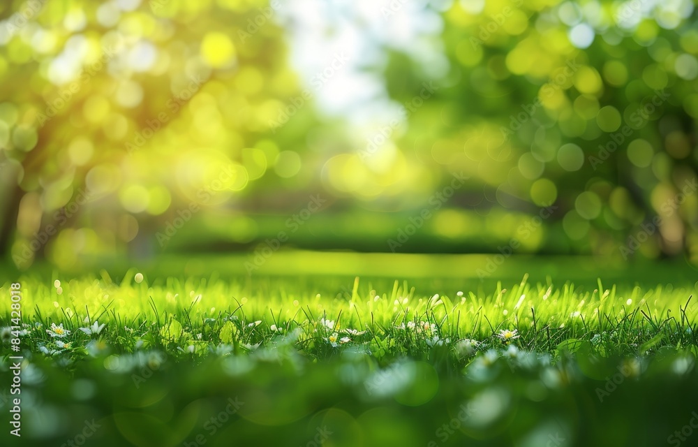 On a sunny day with a blue sky and clouds, a sharply trimmed lawn is surrounded by trees against a blurred background of spring nature. On a sunny day with a blue sky and clouds, a sharply trimmed lawn is surrounded by trees against a blurred background of spring nature.