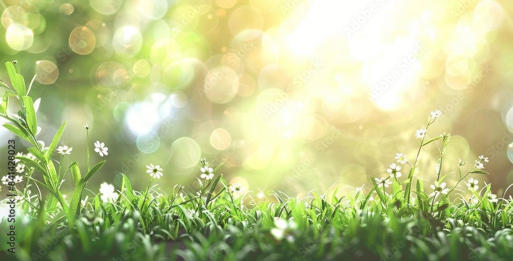 Fototapeta premium Macro image of young juicy green grass in sun-drenched summer spring morning.