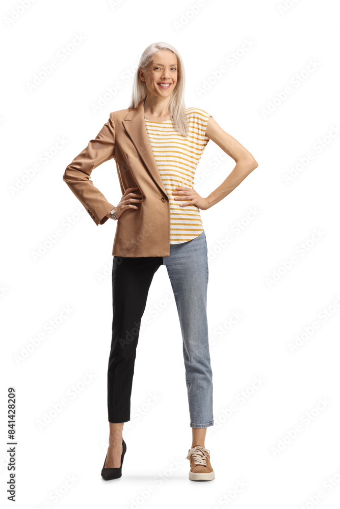 Fototapeta premium Woman dressed half in bussiness casual clothes