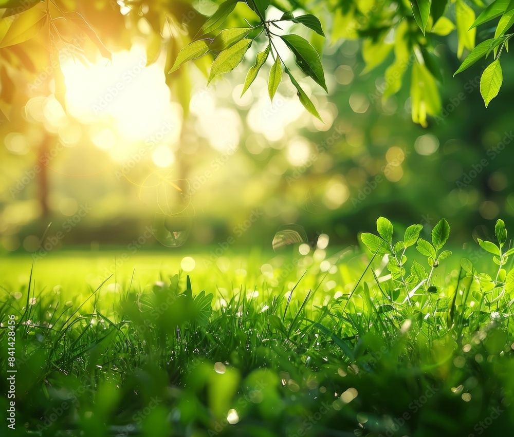 In rays of soft sunlight, view of a natural park with a green lawn through juicier foliage of trees. In rays of soft sunlight, view of a natural park with a green lawn through juicier foliage of trees.