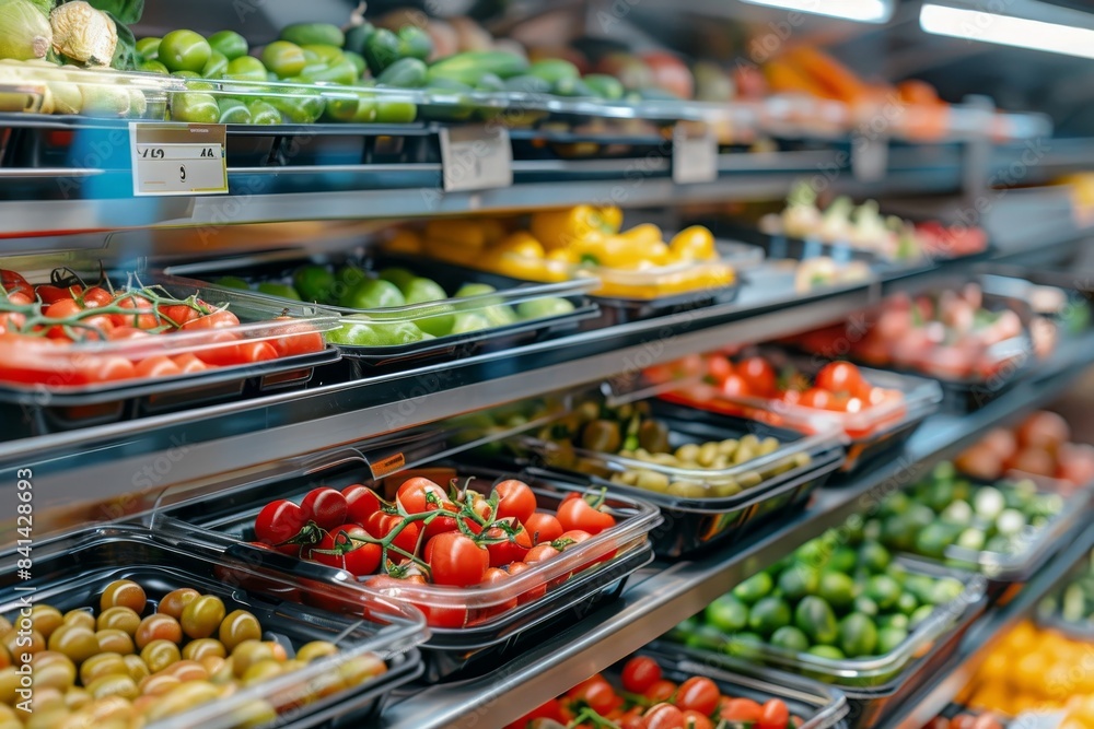 Fresh vegetables close up display in shop window with blurred background and space for text Fresh vegetables close up display in shop window with blurred background and space for text