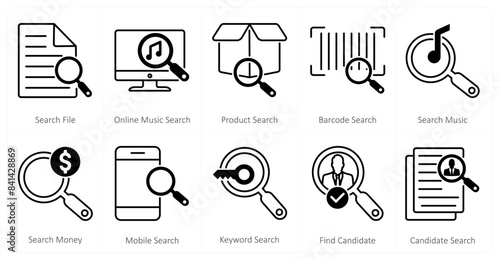 A set of 10 mix icons as search file, online music search, product search