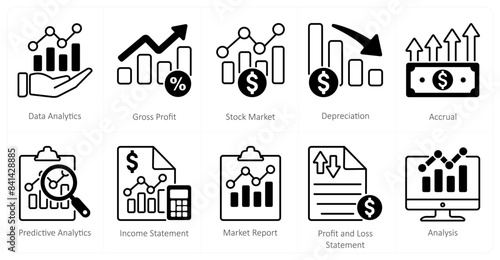 A set of 10 mix icons as data analytics, gross profit, stock market