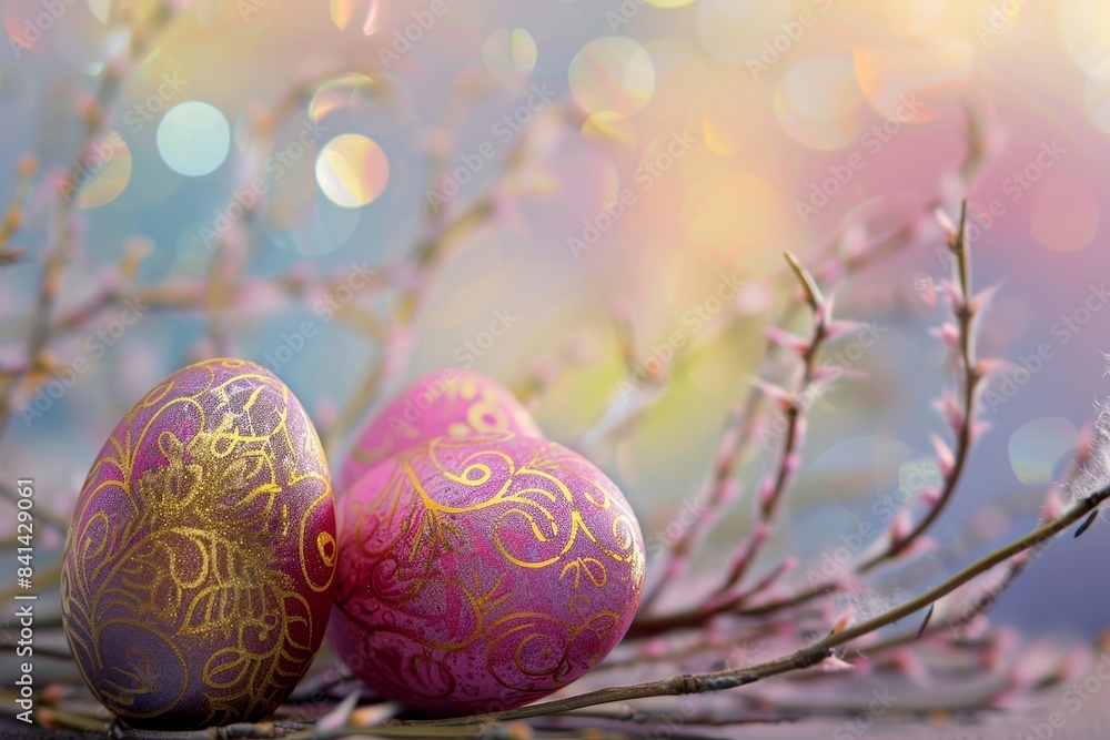 Stunning composition with richly decorated Easter eggs and flowers in blue and pink. Generated by AI. Stunning composition with richly decorated Easter eggs and flowers in blue and pink. Generated by AI.