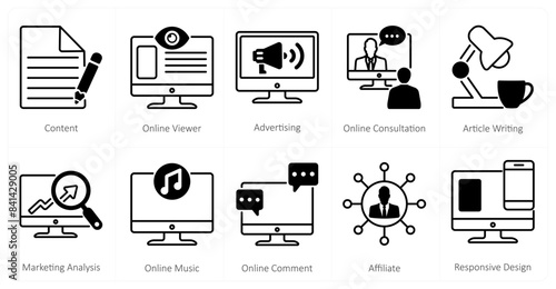 A set of 10 mix icons as content, online viewer, advertising