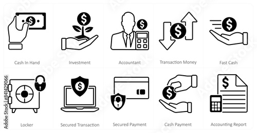 A set of 10 mix icons as cash in hand, investment, accountant